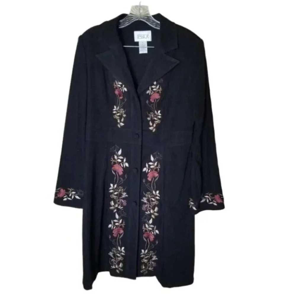 Jessica Floral Embroidered Whimsical Black Long Trench Coat 8